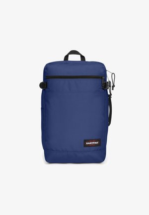 Navy blue backpack with a rectangular shape, made of durable fabric, featuring a front zip pocket, top handle, and an adjustable shoulder strap.
