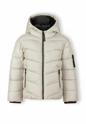 Veste rembourrée gris clair avec capuche, texture matelassée, fermeture éclair à l'avant et poches latérales ; possède un intérieur noir et des accents sur les manches.