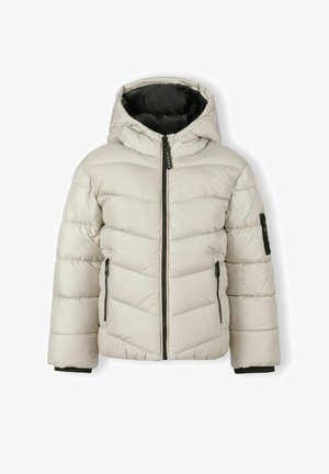 Svetlošedá nadýchaná bunda s kapucňou, prešívaná štruktúra, predný zips a bočné vrecká; má čierny vnútorný a rukávový akcent.