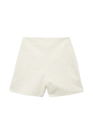 Witte shorts met een bloemige reliëfpatroon, hoge taille, strakke lijnen en een eenvoudige ritssluiting aan de achterkant.