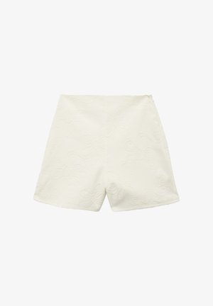 Witte shorts met een bloemige reliëfpatroon, hoge taille, strakke lijnen en een eenvoudige ritssluiting aan de achterkant.