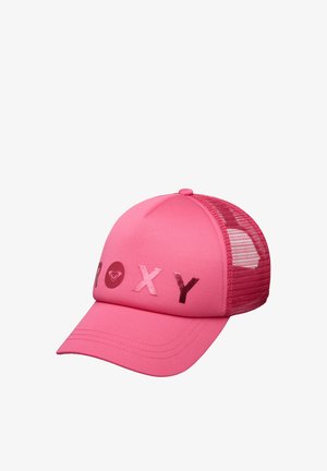 Rosa Trucker-Cap mit Netzrückseite und dem Schriftzug "ROXY" in unterschiedlichen glänzenden Pinktönen auf der Vorderseite.