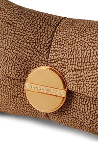 Brown textured clutch with a subtle speckled pattern, featuring a gold circular clasp with "BORBONESE" embossed. Smooth surface and compact design.