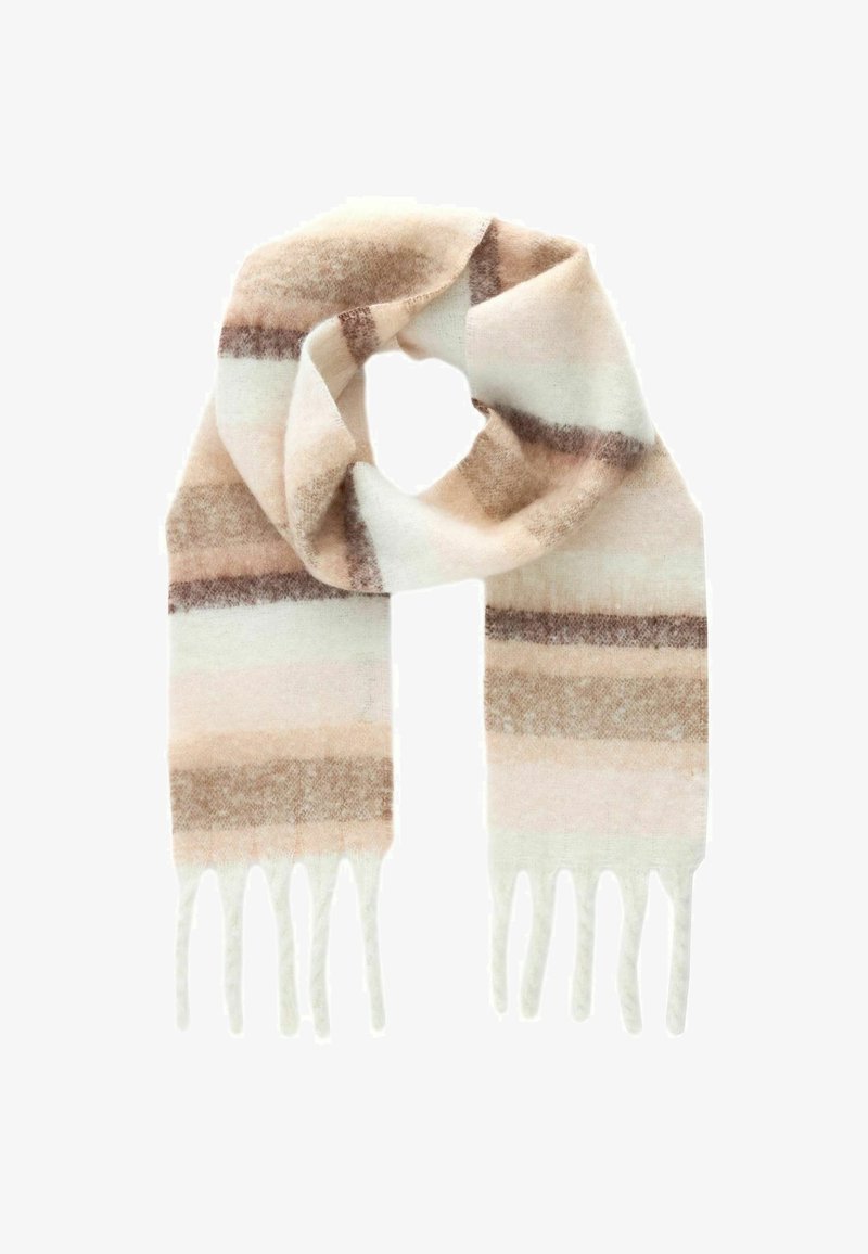 Écharpe rayée en tissu doux, arborant des teintes pastel de rose, beige et blanc avec des extrémités frangées. Design léger et texturé.