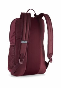 Maroon backpack with padded mesh back, adjustable straps, and a side mesh pocket. Features a gray accent stripe and sleek, rounded design.