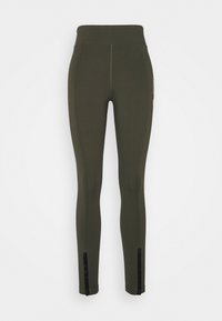 Leggings verde olivo con cintura alta, fabricados en tejido elástico. Presentan un diseño elegante y detalles negros en las aberturas de los tobillos.