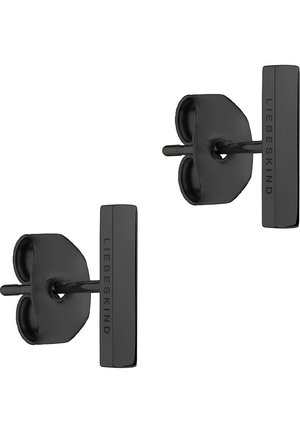 Boucles d'oreilles noires en studs avec un design rectangulaire, comportant un logo de marque en relief et un dos arrondi. Fabriquées en matériau lisse et mat.