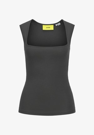 Dark gray sleeveless top with a square neckline. Soft fabric with a fitted shape. Features a neon yellow label at the neck.