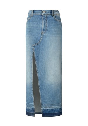 Gonna maxi in denim azzurro chiaro con uno spacco anteriore. Presenta un vita alta, chiusura con bottoni e cuciture tradizionali lungo l'orlo.