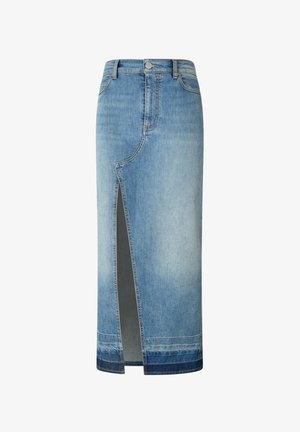 Gonna maxi in denim azzurro chiaro con uno spacco anteriore. Presenta un vita alta, chiusura con bottoni e cuciture tradizionali lungo l'orlo.