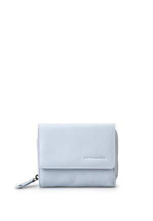 Light blue leather wallet with flap and zipper closure, embossed brand name on front, compact and rectangular shape on white background.