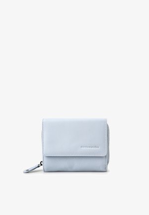 Light blue leather wallet with flap and zipper closure, embossed brand name on front, compact and rectangular shape on white background.