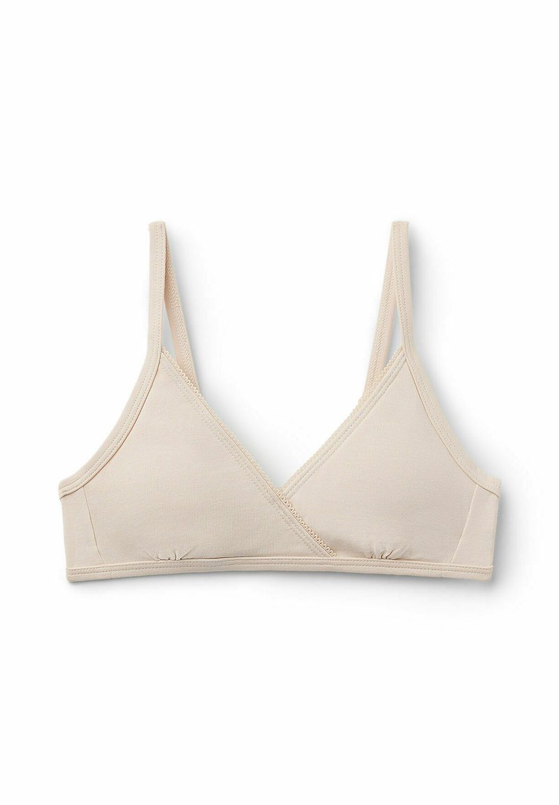 Béžový bavlněný bralet s trojúhelníkovým tvarem, tenkými nastavitelnými ramínky a nařaseným středem pro větší oporu. Hladká textura po celé ploše.