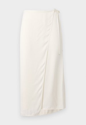 Cream wrap skirt made of smooth fabric, featuring a side tie closure and a knee-length hem with a subtle front slit for ease of movement.