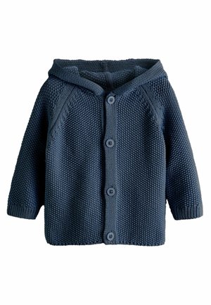 Cardigan bébé en laine bleu marine avec manches longues, quatre boutons à l'avant et un motif texturé.