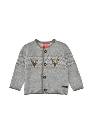 Gray knitted children's cardigan with button front, featuring two brown deer head patterns across the chest and patterned sleeves.