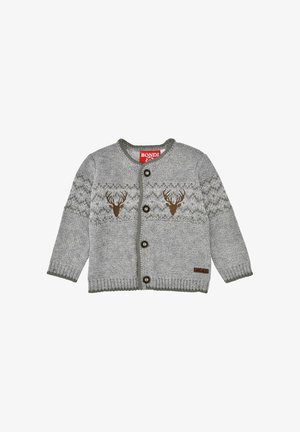 Graue gestrickte Kinderjacke mit Knopfleiste, zwei braunen Hirschkopfmustern auf der Brust und gemusterten Ärmeln.