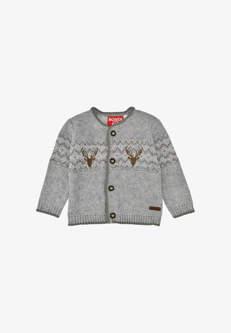 Gray knitted children's cardigan with button front, featuring two brown deer head patterns across the chest and patterned sleeves.