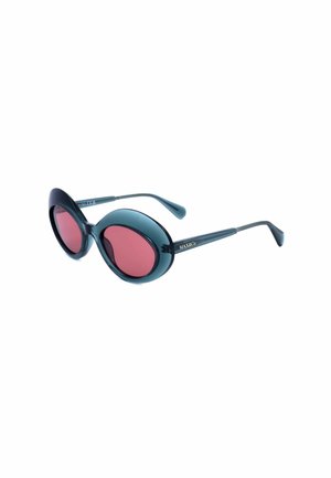 Occhiali da sole rotondi neri con lenti colorate di rosso e aste sottili, con il marchio "MAX&Co" sulla stanghetta.