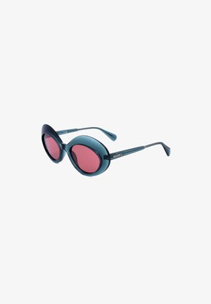 Occhiali da sole rotondi neri con lenti colorate di rosso e aste sottili, con il marchio "MAX&Co" sulla stanghetta.