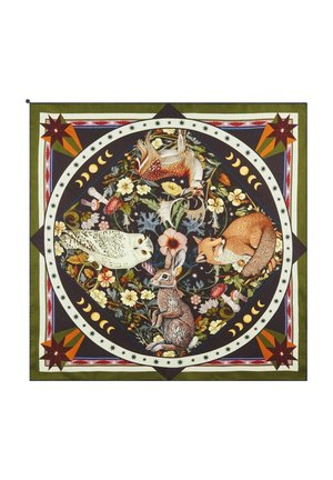 Square scarf with a circular floral design featuring a deer, owl, rabbit, and fox surrounded by moon phases and geometric stars.