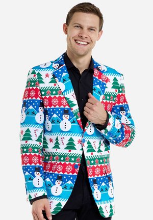 Farverig blazer med motiver af snemænd, juletræer og pepperkager. Lavet af polyester med en glat tekstur. Knapdetaljer inkluderet.