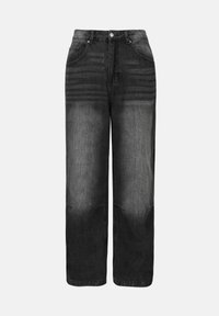 Svarte denim jeans med en falmende effekt, med høy midje, fem-lomme design og rett passform. Metallhardvarer og søm detaljer er synlige.
