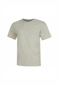 Graues T-Shirt mit kurzen Ärmeln aus Baumwolle. Verfügt über einen Rundhalsausschnitt und ein gesticktes 'AIR JORDAN'-Logo in einer passenden Farbe.