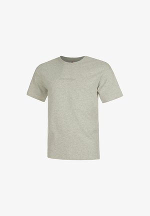 Camiseta gris de manga corta hecha de algodón. Cuenta con un cuello redondo y un logo bordado de 'AIR JORDAN' en un color a juego.