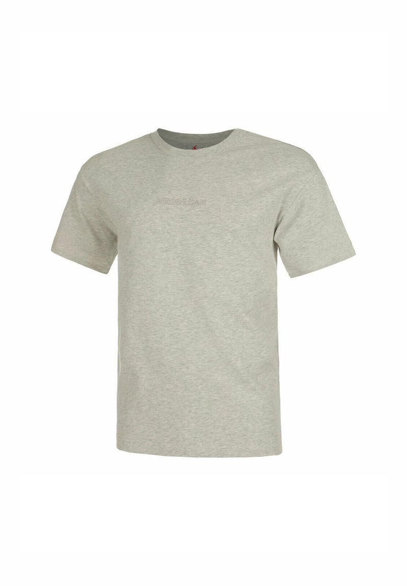 Graues T-Shirt mit kurzen Ärmeln aus Baumwolle. Verfügt über einen Rundhalsausschnitt und ein gesticktes 'AIR JORDAN'-Logo in einer passenden Farbe.