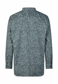 Langarmshirt van donkerblauwe stof met een klein wit- en geelbloemenpatroon, mandarijnkraag en rechte zoom.