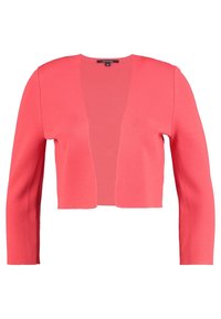 Korálový zkrácený cardigan s dlouhými rukávy, volným předním střihem, texturovaným pleteným materiálem a jednoduchým designem, vhodný pro vrstvení přes různé outfity.