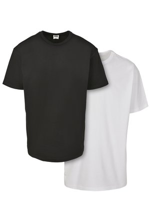 Zwei Rundhalsausschnitt-T-Shirts; eines schwarz und eines weiß. Beide haben kurze Ärmel und eine glatte Textur, mit einem geraden Saum und ohne sichtbare Muster.
