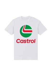 Weißes Baumwoll-T-Shirt mit einem großen grünen Kreis-Logo mit roten und weißen Akzenten sowie dem Wort "Castrol" in fettem roten Text.