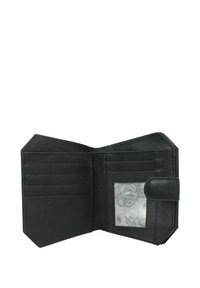 Zwarte leren portemonnee met een gestructureerde afwerking, voorzien van meerdere kaartsleeves, een transparant ID-venster en een veilige drukknoopsluiting.