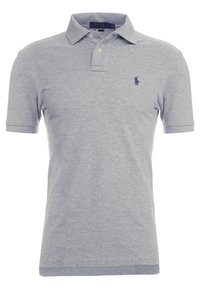 Polo shirt in cotone grigio con maniche corte, colletto, pattina con tre bottoni e un piccolo logo ricamato sul lato sinistro del petto.