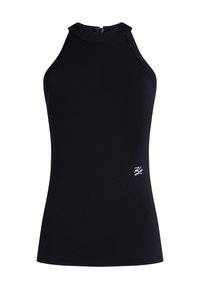 Black sleeveless top with a high collar, zip closure at the back, and a subtle shiny accent around the neckline. Features a white logo.