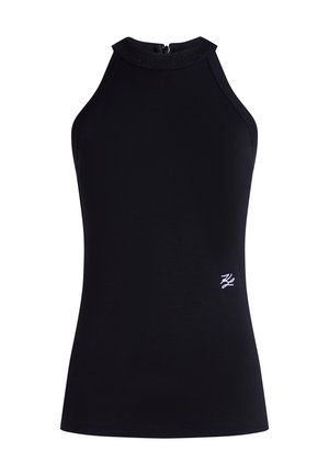 Black sleeveless top with a high collar, zip closure at the back, and a subtle shiny accent around the neckline. Features a white logo.
