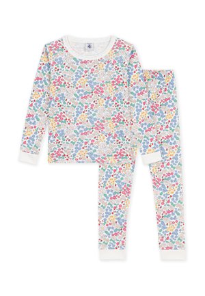 Kinderpyjama-set met longsleeve top en broek met meerkleurig bloemenpatroon op witte achtergrond, met witte boorden en halslijn.