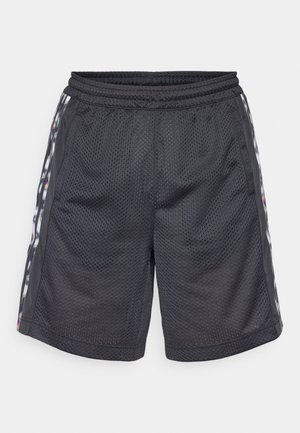 Zwarte mesh sportshorts met een elastische tailleband en zijstrepen in grijstinten met subtiele kleuraccenten.