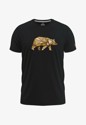 Camiseta negra con un diseño geométrico de oso dorado. Manga corta y cuello redondo. Material de algodón, textura suave.