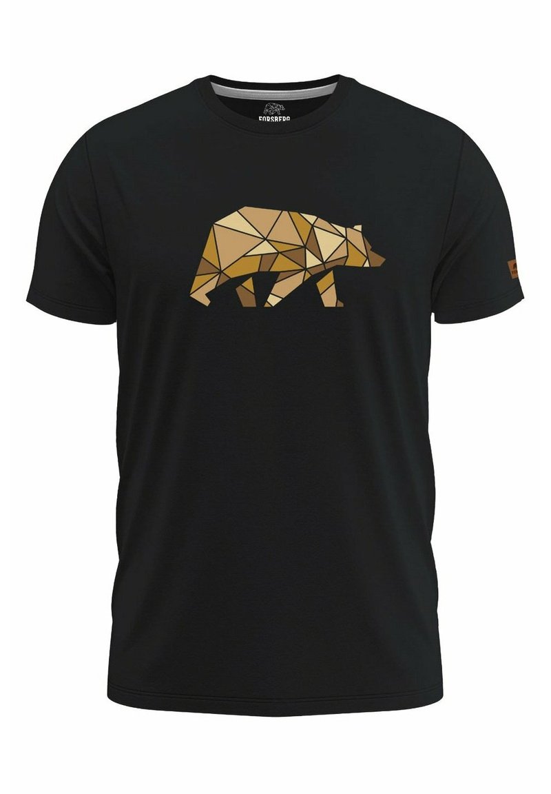 Camiseta negra con un diseño geométrico de oso dorado. Manga corta y cuello redondo. Material de algodón, textura suave.