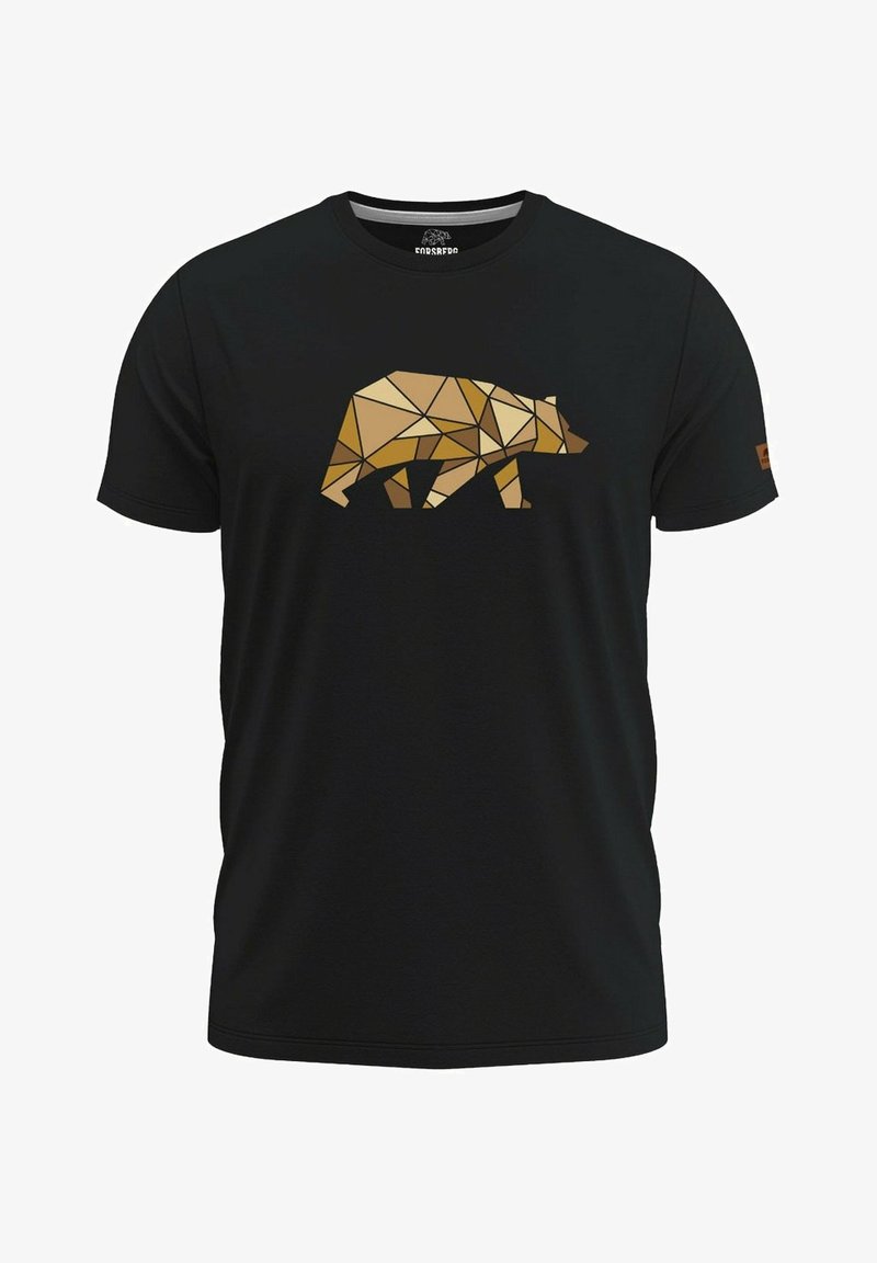 Camiseta negra con un diseño geométrico de oso dorado. Manga corta y cuello redondo. Material de algodón, textura suave.