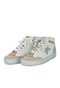 White and beige high-top sneakers with a suede finish, featuring a silver star accent, textured sole, and flat laces.