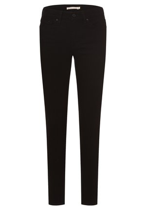 Jeans neri skinny in tessuto elasticizzato, con un classico design a cinque tasche, chiusura con bottone e passanti per cintura. Texture liscia in tutto il capo.