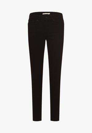 Schwarze Skinny-Jeans aus Stretchstoff, mit einem klassischen Fünf-Taschen-Design, Knopfverschluss und Gürtelschlaufen. Durchgehend glatte Textur.