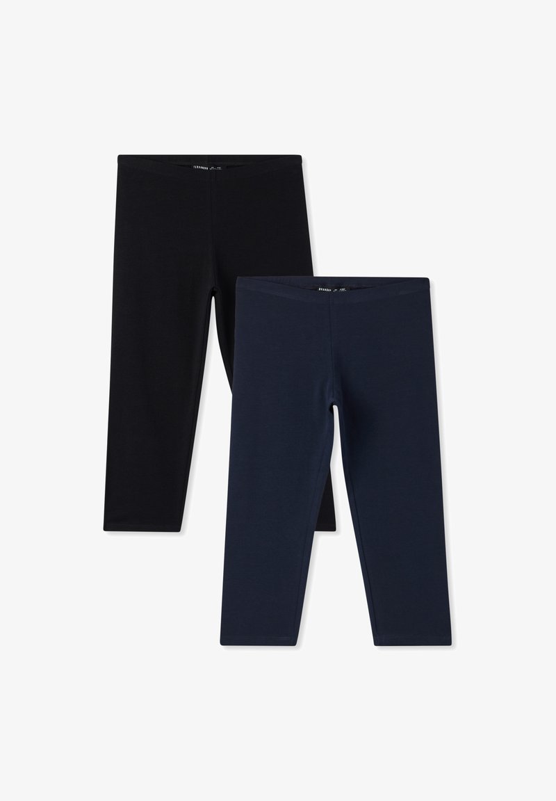 Due paia di leggings: uno nero e uno blu scuro. Realizzati in un tessuto elastico e liscio con una vita elastica. Senza motivi visibili.