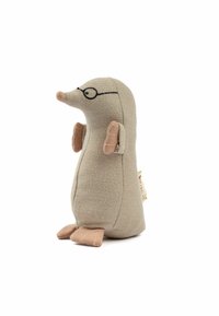 Stuffed plush mole toy with beige fabric body, pink accents on feet and ears, and decorative eyeglasses embroidered on the face.
