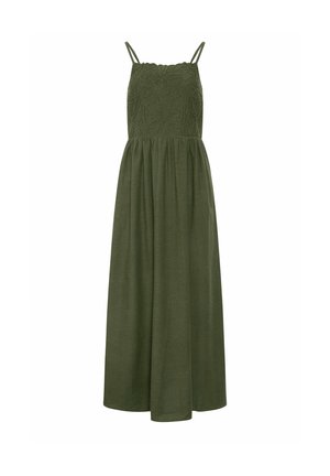 Olivengrøn maxikjole uden ærmer med blomsterbroderi på overdel og tynde skulderstropper, tætsiddende talje og flydende nederdel.