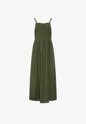 Vestido maxi sin mangas verde oliva con bordado floral en el corpiño y tirantes finos, cintura ajustada y falda fluida.